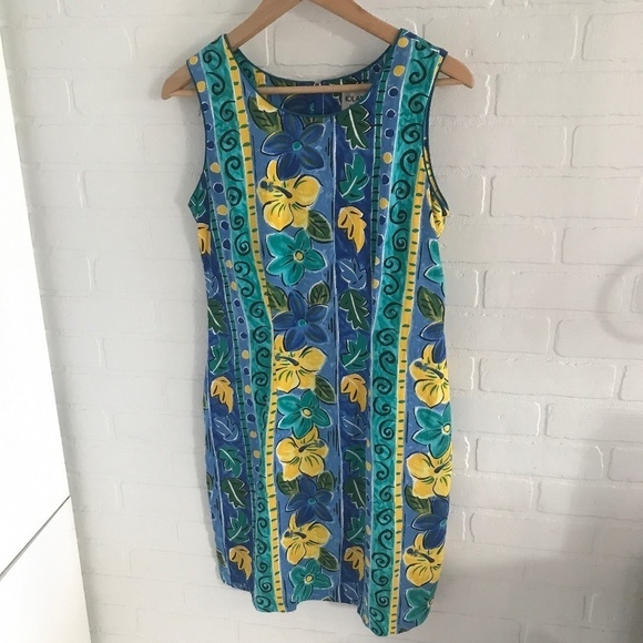 Vintage 80s Mini dress Beachy Tropical Paisley Floral Aloha Print Blue/Yellow S - Picture 1 of 7